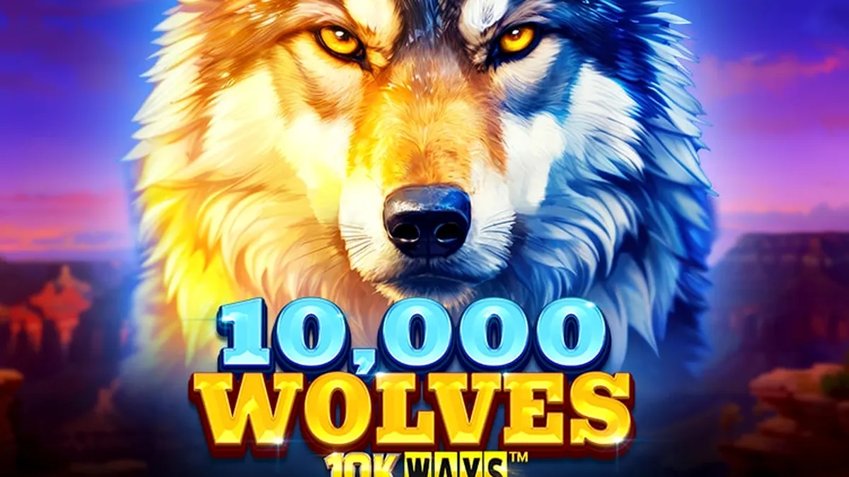 Isang visual na representasyon ng 10,000 Wolves 10K Ways slot na may temang lobo at kagubatan.